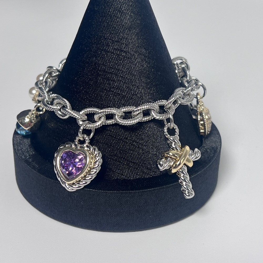 Silver Charm Bracelet with Blue, Pearl and Purple Accents - Picture 2 of 3